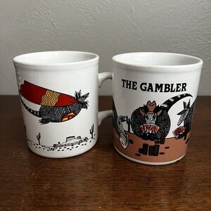 Kiln Craft Lot of 2 Mugs Flying Superhero Armadillo The Gambler England Stafford